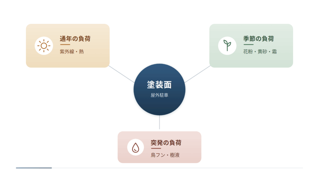 屋外駐車の塗装面が受ける負荷を中心から3方向に整理した図です。紫外線と熱による通年の負荷、花粉・黄砂・霜による季節の負荷、鳥フンや樹液による突発の負荷の3つが塗装面に集まる構造を示しています。