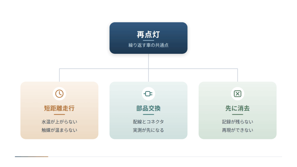 再点灯を繰り返す車の共通点を中心から3方向に整理した図です。水温や触媒が温まらない短距離走行、配線とコネクタの実測が先になる部品交換、記録が残らず再現できない先の消去という3つを示しています。